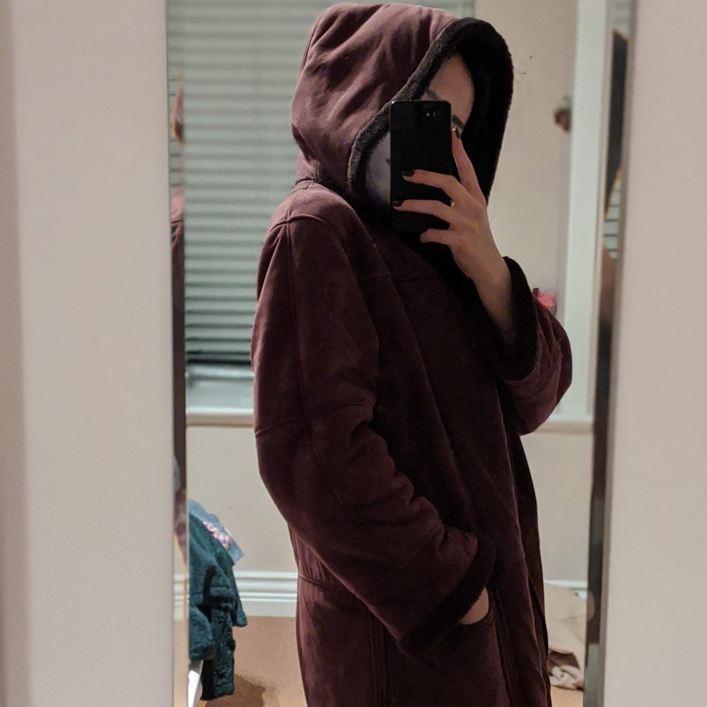 Vintage 70s style mahogany suede hooded coat